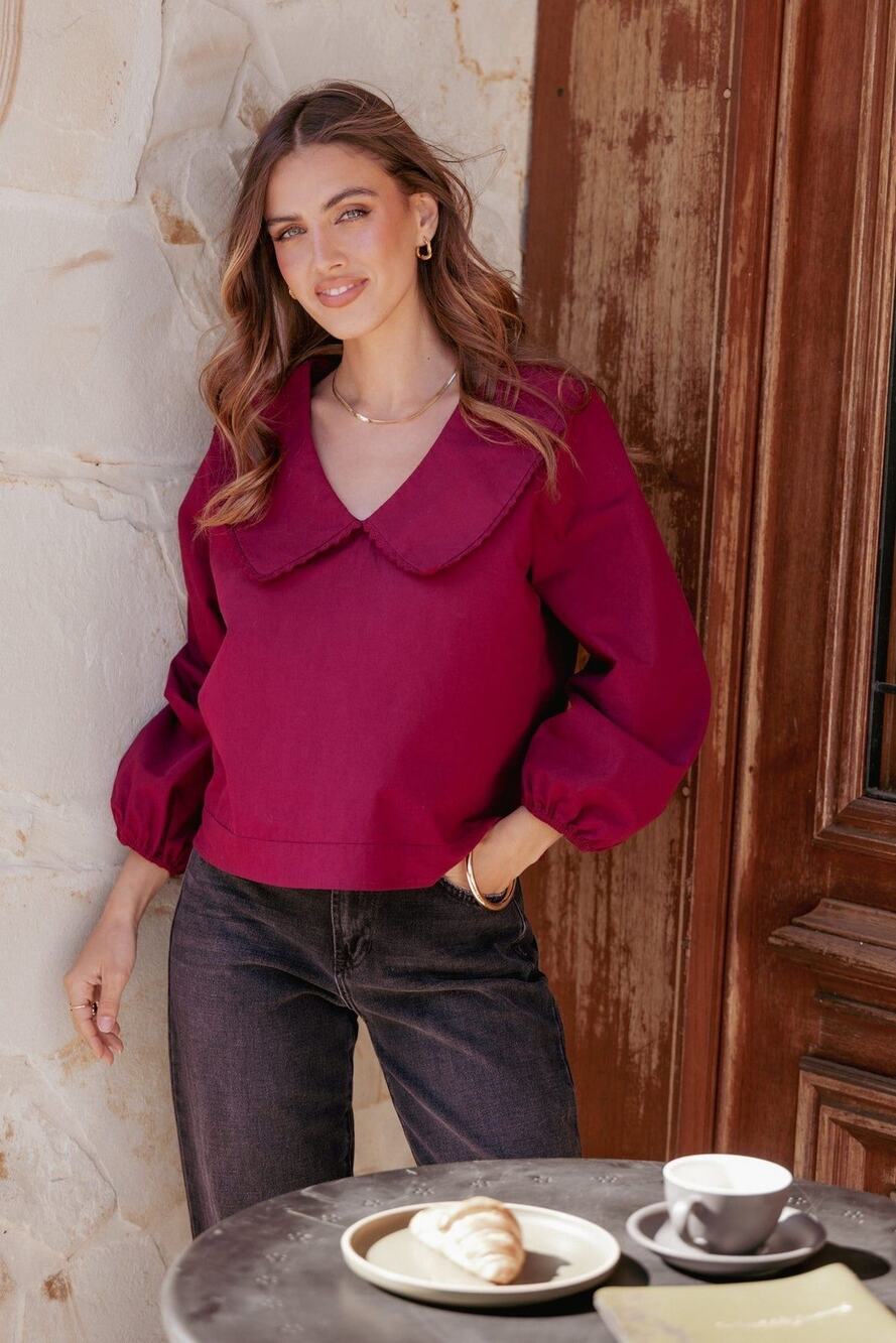 Petal & Pup Kenna Burgundy Cotton Peter Pan Collar Blouse S